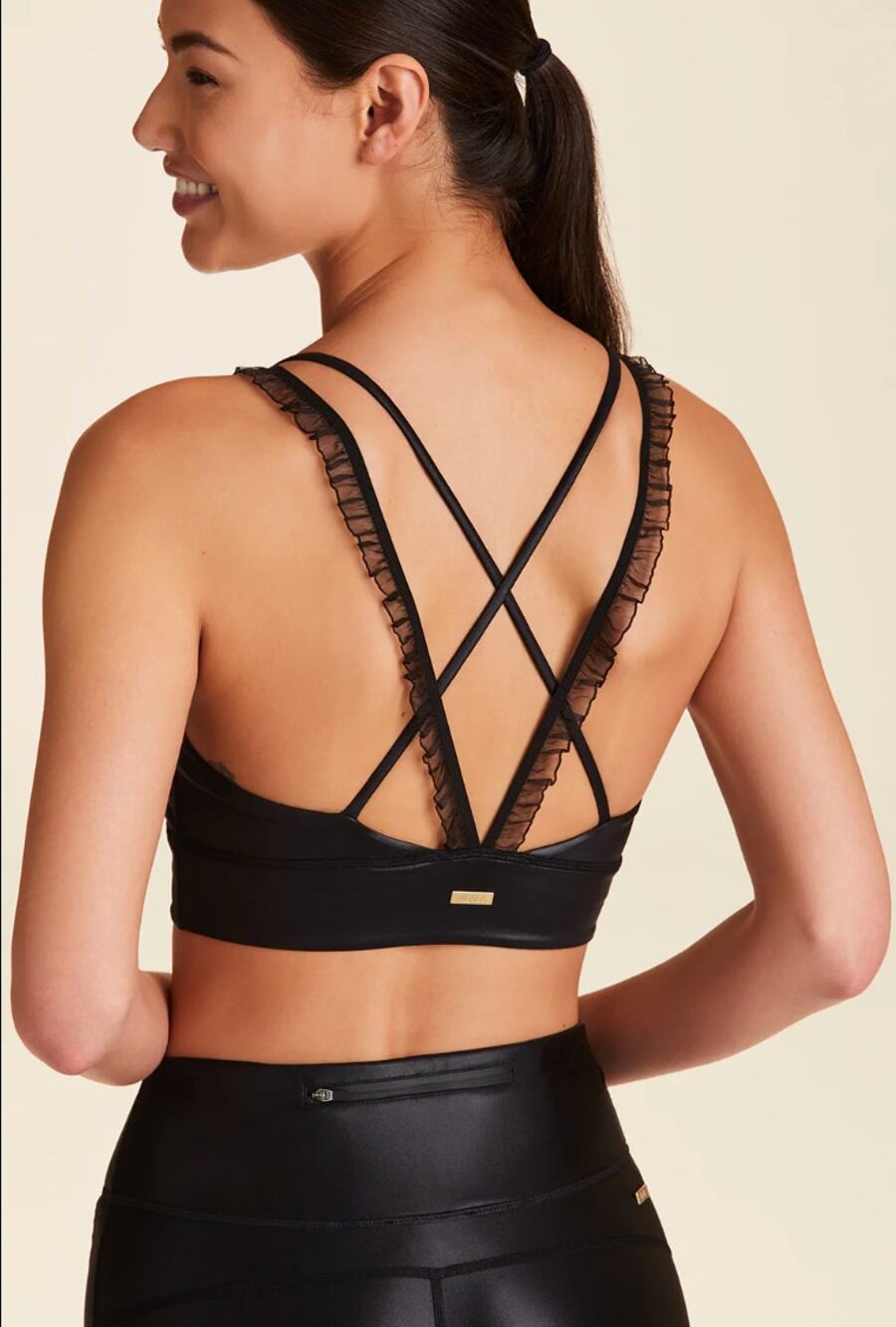 ALANA Liquid Black Bra Top Ruffle Detail Criss Cross XS Extra Small $85